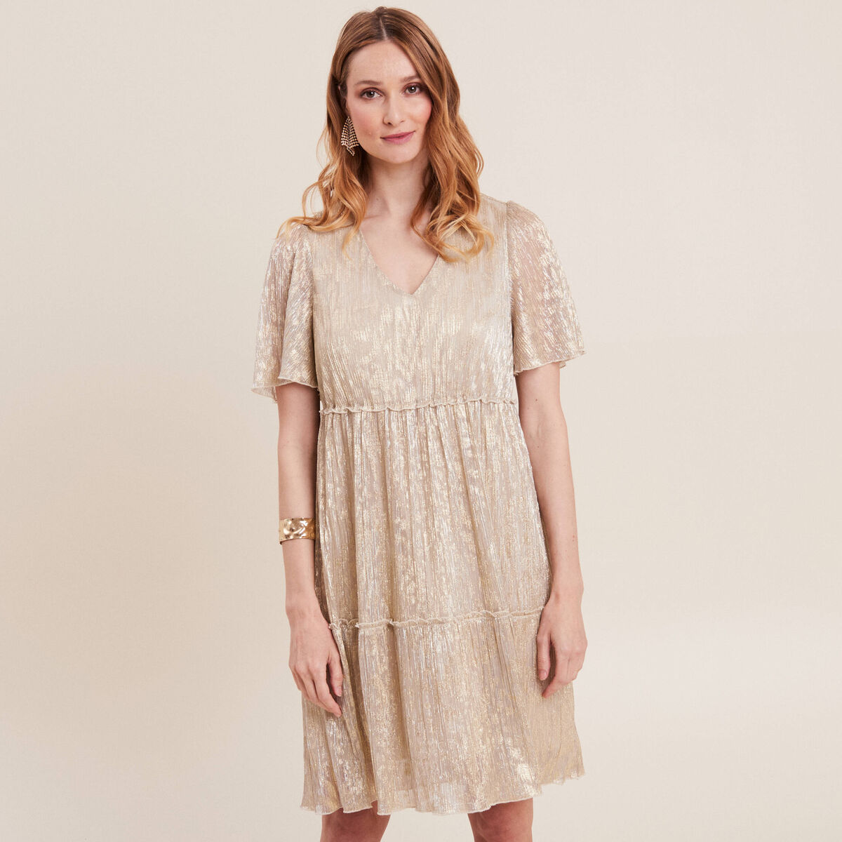 Robe droite fils métallisés couleur or femme