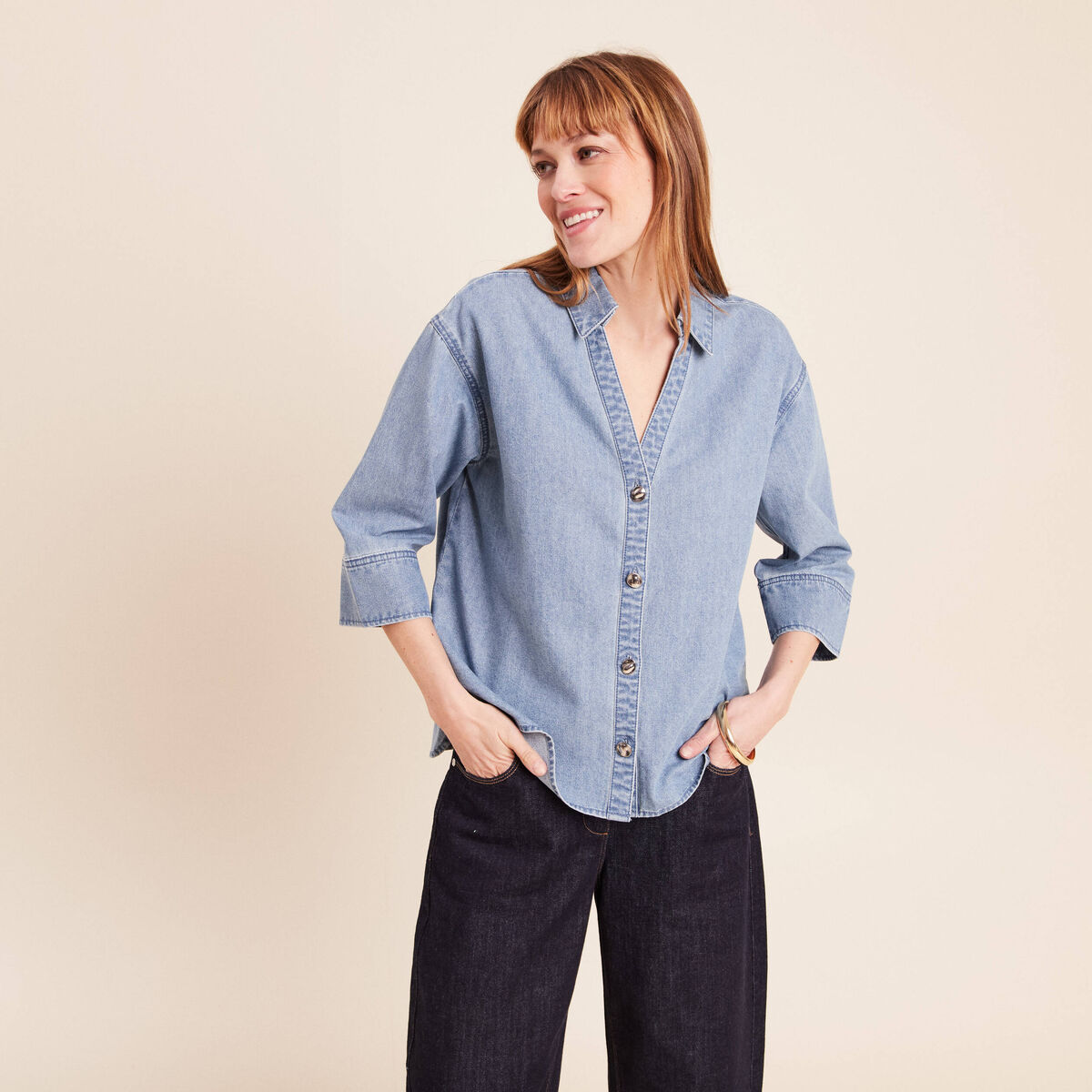 Chemise ample manches 3/4 col chemise denim double stone femme