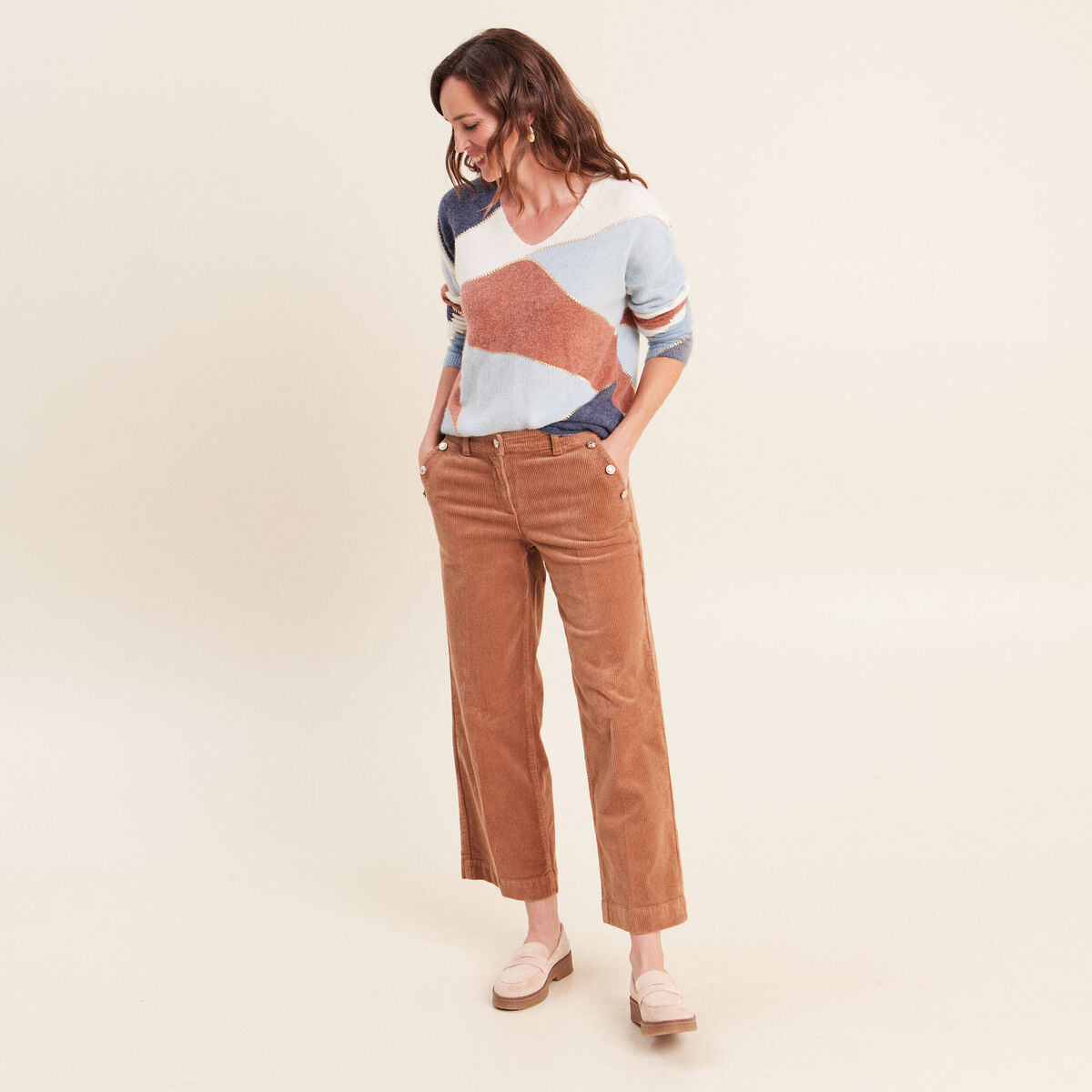 Pantalon large velours c&ocirc;tel&eacute; marron femme