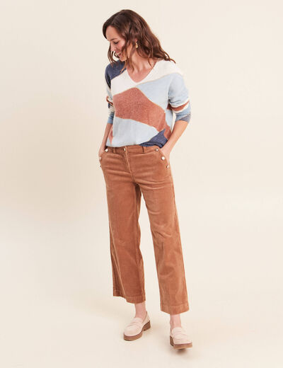 Pantalon large velours c&ocirc;tel&eacute; marron femme