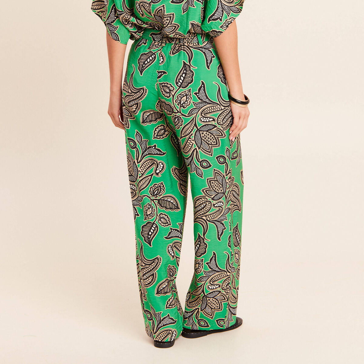 Pantalon large taille haute vert femme