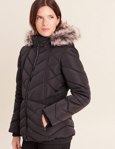 Doudoune cintr&eacute;e capuche manches longues noir femme