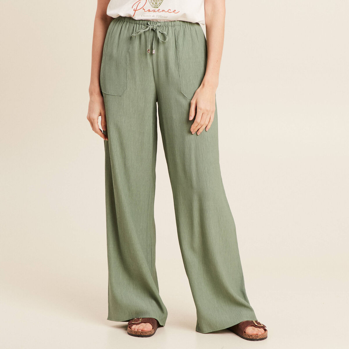 Pantalon large fluide vert kaki femme