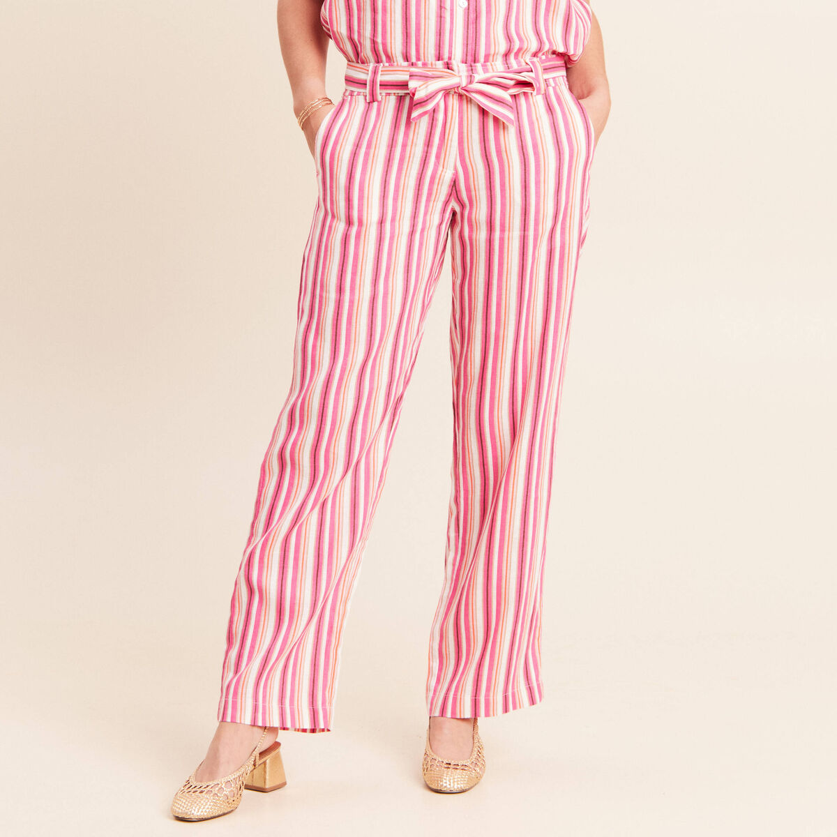 Pantalon coupe large en lin rose femme