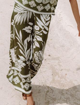 Pantalon large 7/8&egrave;me taille haute vert kaki femme