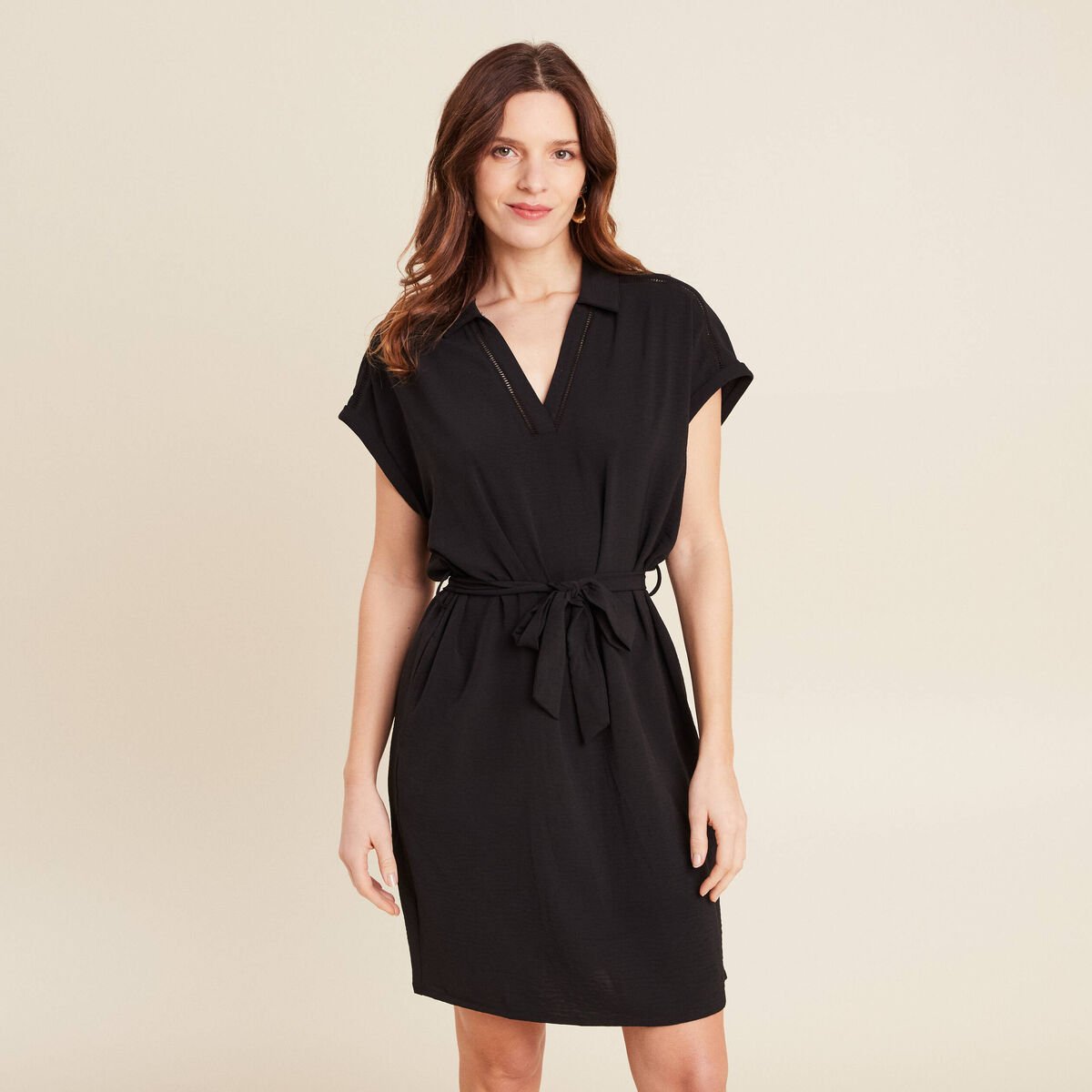 Robe droite ceinture nouée noir femme