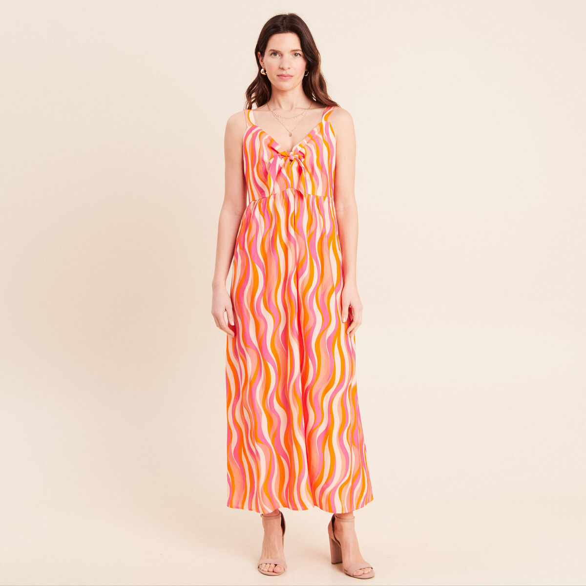Robe longue &eacute;vas&eacute;e &agrave; fines bretelles orange femme