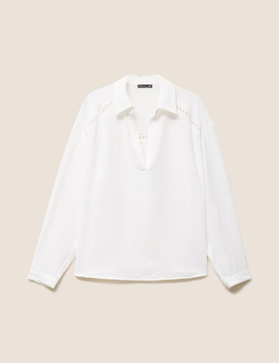 Blouse ample manches longues col chemise ecru femme