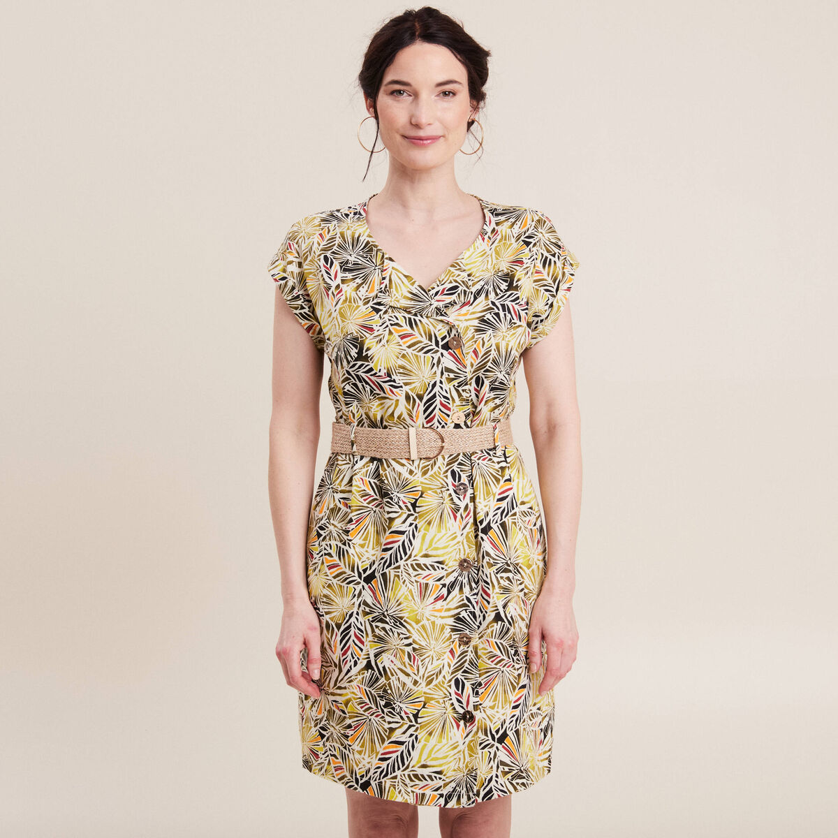 Robe droite ceintur&eacute;e vert femme