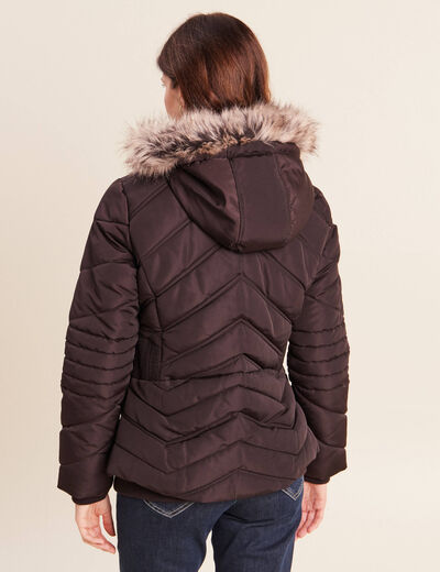 Doudoune cintr&eacute;e capuche manches longues marron fonc&eacute; femme