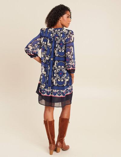 Robe courte &eacute;vas&eacute;e col tunisien bleu femme