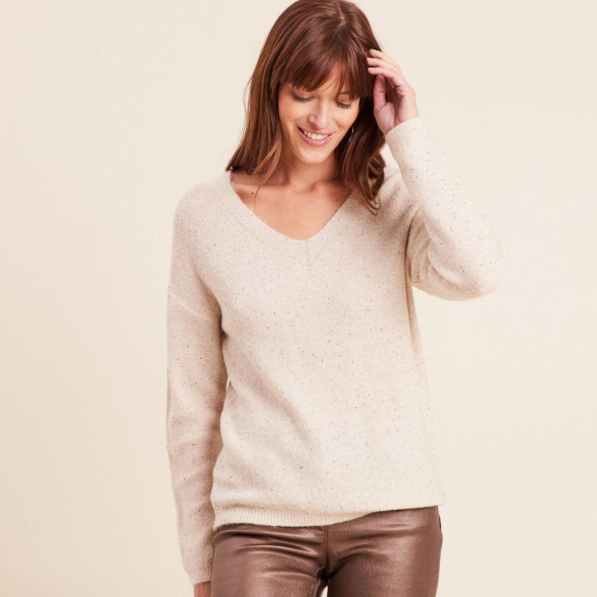 Pull col v manches longues &agrave; sequins couleur or femme