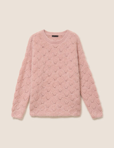 Pull ajour&eacute; col rond vieux rose femme