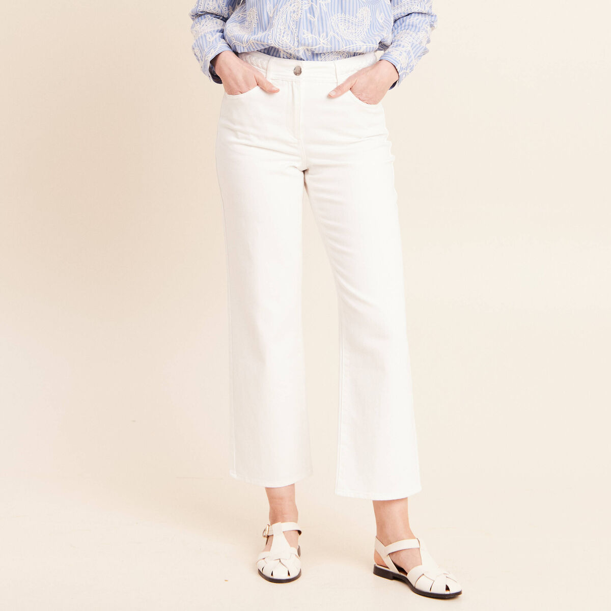 Jean coupe large 7/8&egrave;me taille haute blanc femme