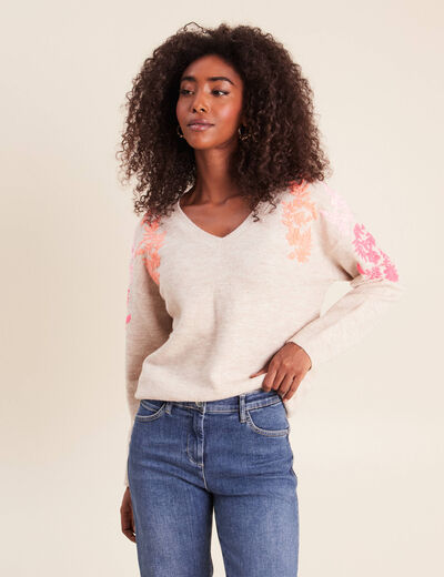 Pull col v avec broderie beige femme