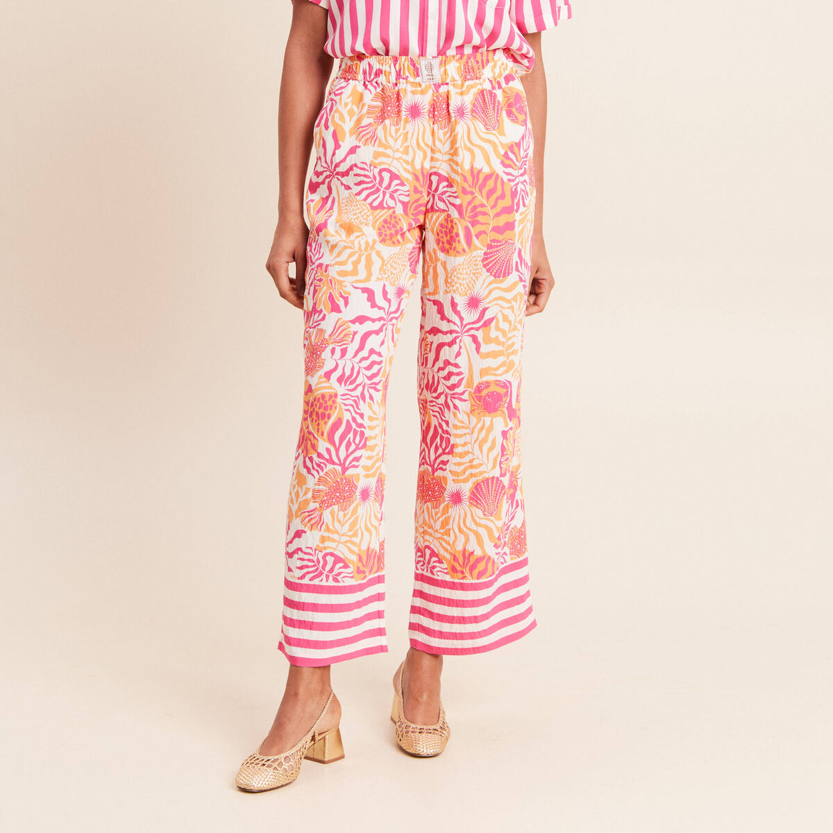 Pantalon fluide et large taille haute rose corail femme
