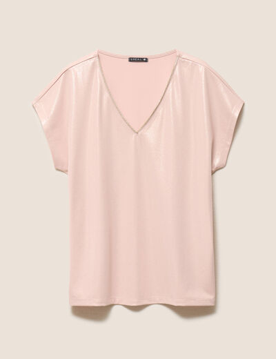 T-shirt col V manches courtes vieux rose femme