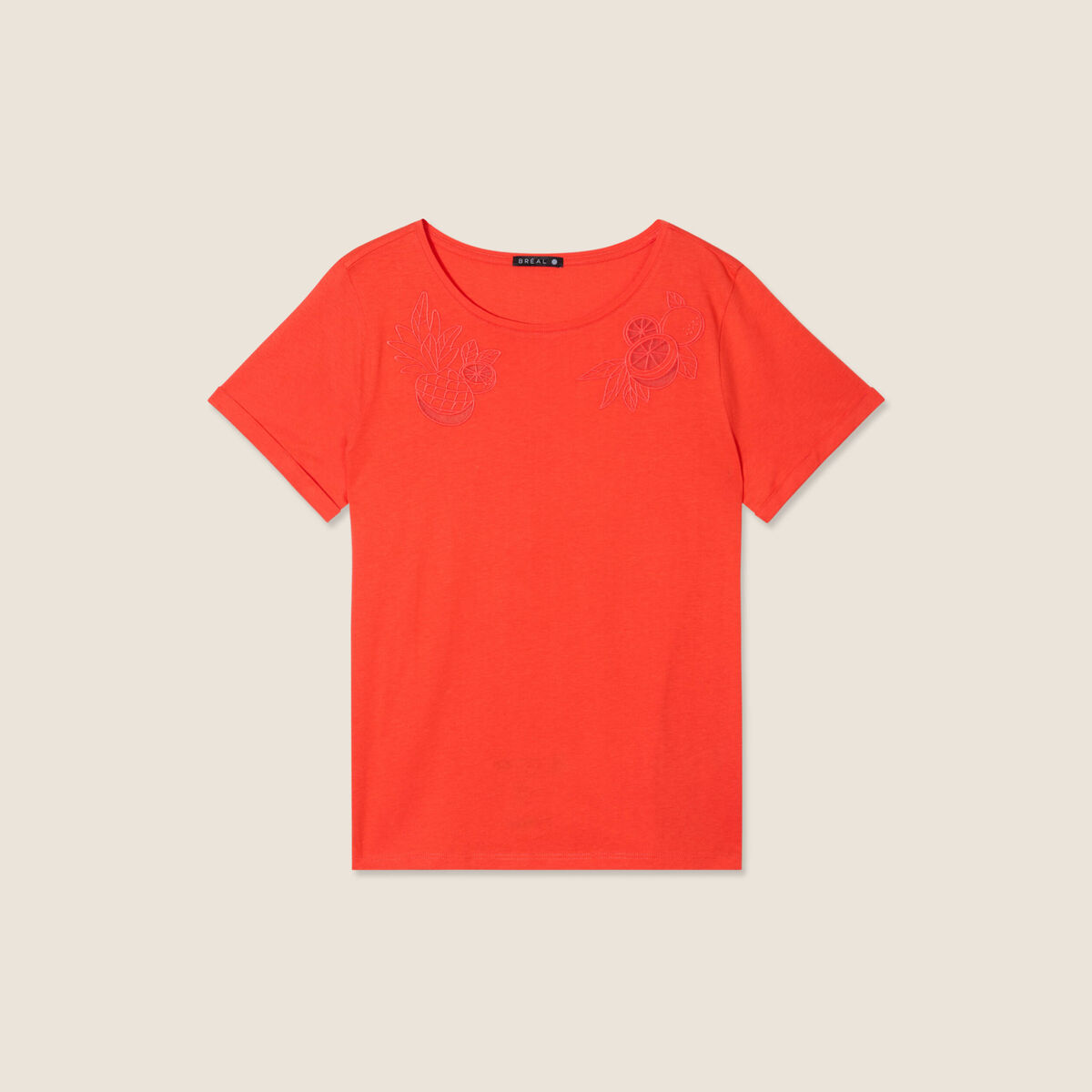 T-shirt manches courtes brod&eacute; orange fonc&eacute; femme