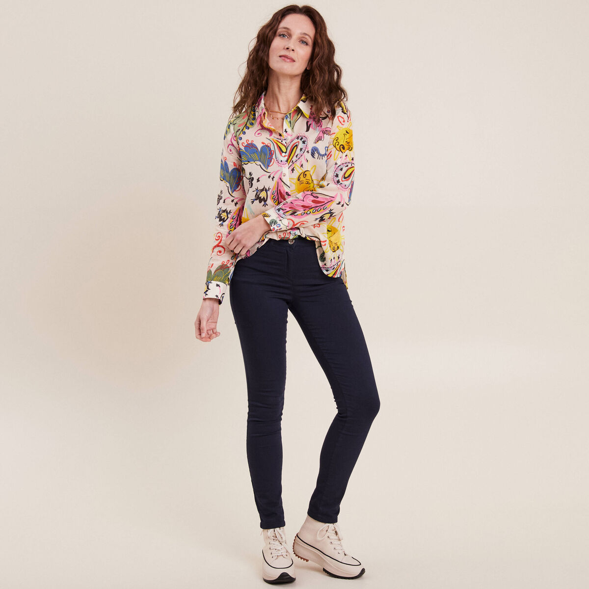 Pantalon léger taille standard long bleu marine femme