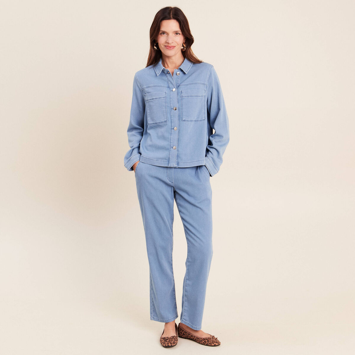 Jogging large 7/8&egrave;me en maille denim bleach femme