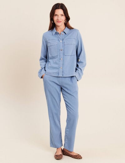 Jogging large 7/8&egrave;me en maille denim bleach femme