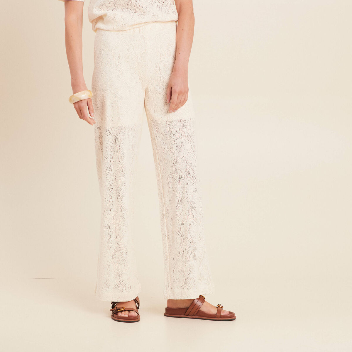 Pantalon large taille basculée ecru femme