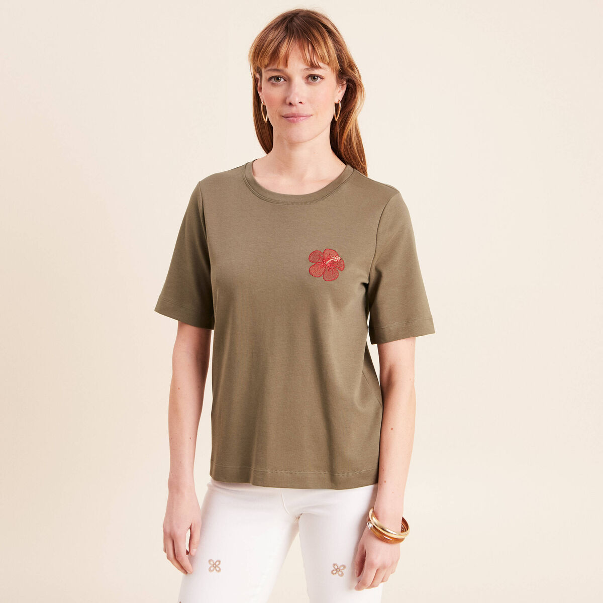 T-shirt col rond manches courtes vert kaki femme