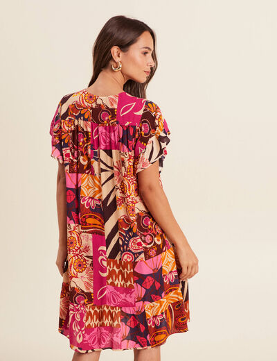 Robe courte évasée col tunisien rose femme