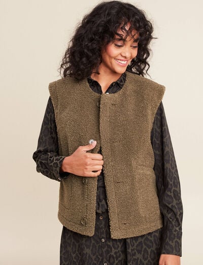 Gilet r&eacute;versible laine mouton vert kaki femme