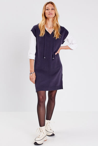 Robe pull droite avec capuche bleu foncé femme