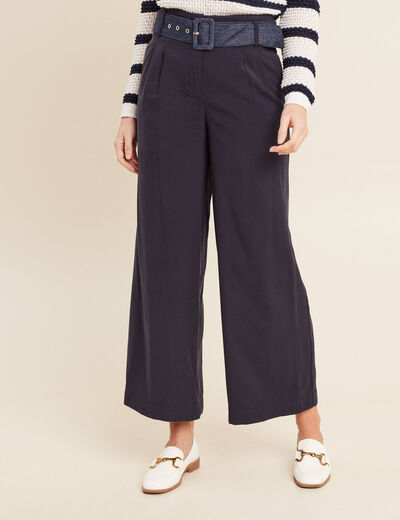Pantalon large ceinturé bleu foncé femme