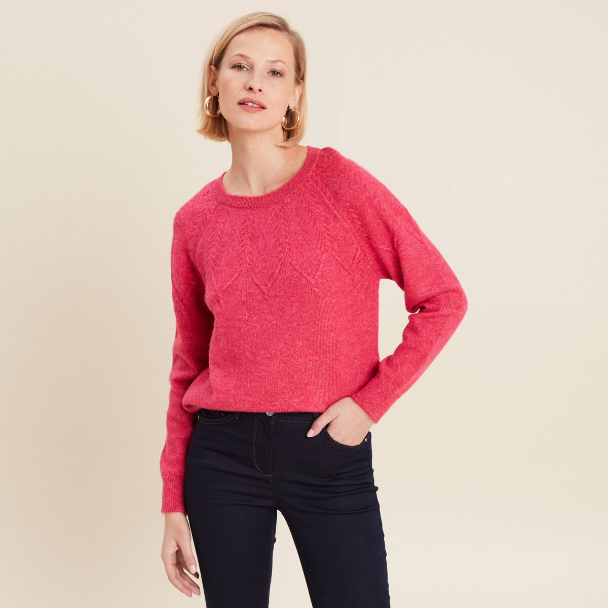 Pull manches longues rose framboise femme