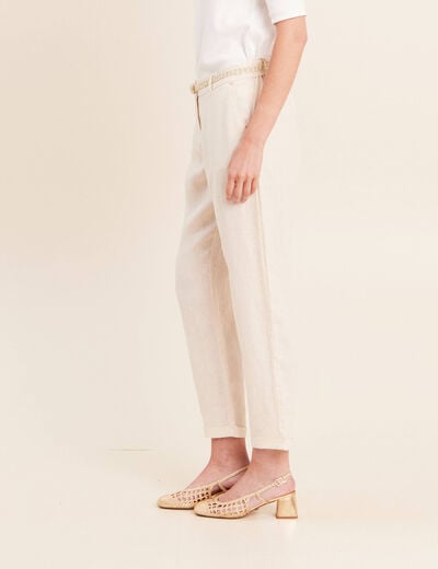 Pantalon coupe chino en lin ceintur&eacute; beige femme