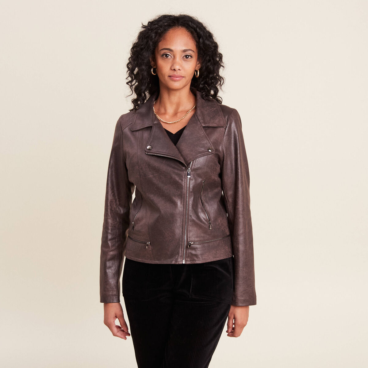 Veste esprit motard zipp&eacute;e marron fonc&eacute; femme