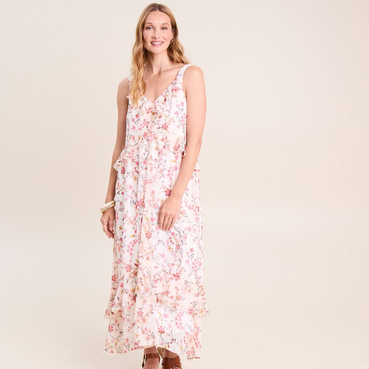 Robe longue &eacute;vas&eacute;e sans manches doubl&eacute;e multicolore femme