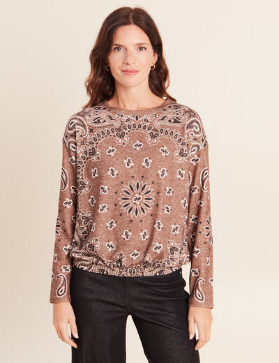 Pull col rond manches longues strass marron femme