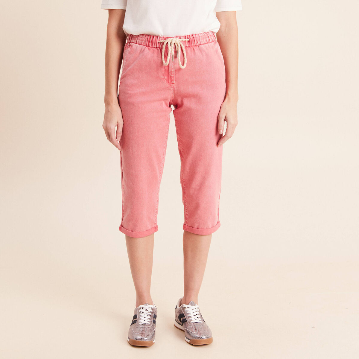 Pantacourt coupe mom rose vif femme