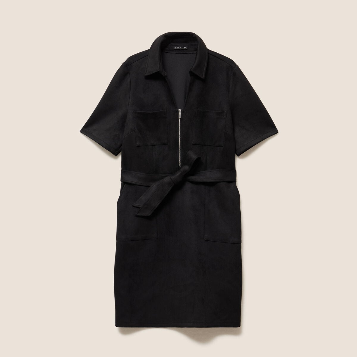 Robe droite courte manches coudes daim noir femme