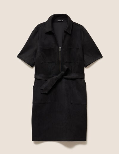 Robe droite courte manches coudes daim noir femme