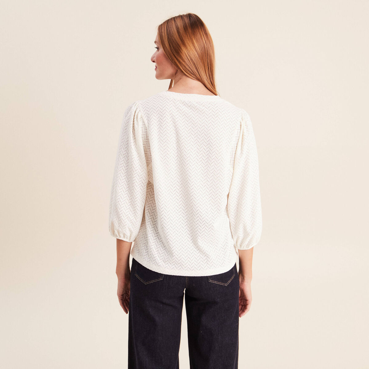 Blouse droite col rond manches 3/4 ecru femme
