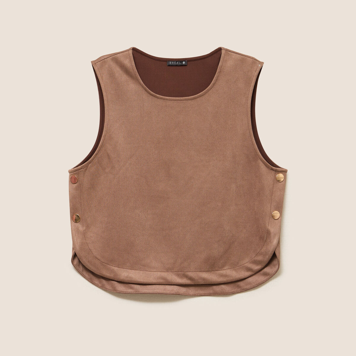Top cintr&eacute; sans manches col rond camel femme