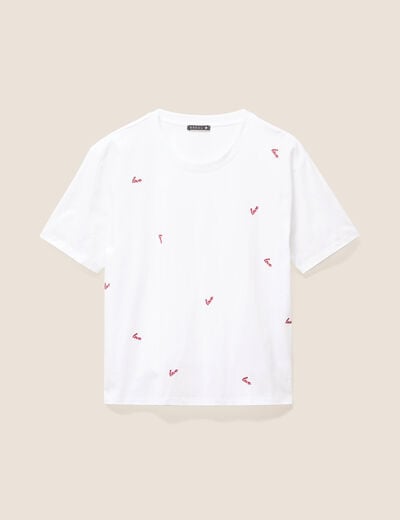 T-shirt droit brod&eacute; manches courtes ecru femme