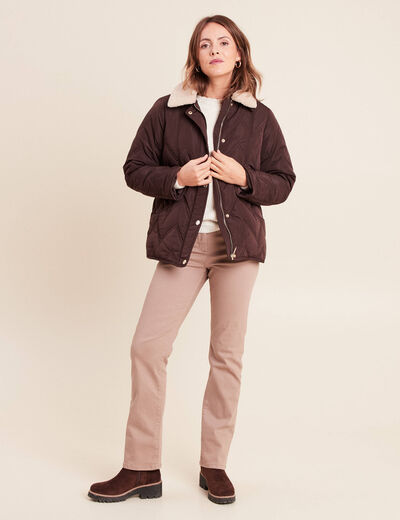 Doudoune courte doubl&eacute;e col amovible marron fonc&eacute; femme