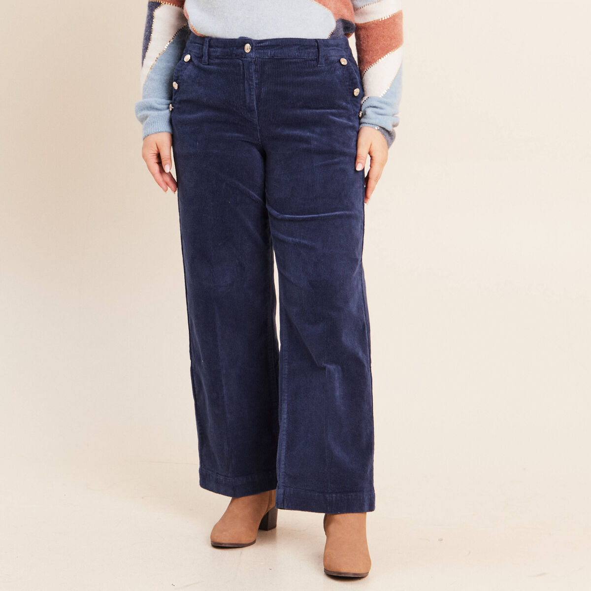 Pantalon large velours c&ocirc;tel&eacute; bleu marine femme