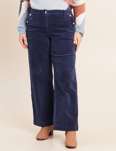 Pantalon large velours c&ocirc;tel&eacute; bleu marine femme