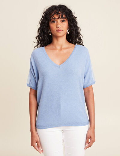 Pull manches courtes plumetis bleu ciel femme
