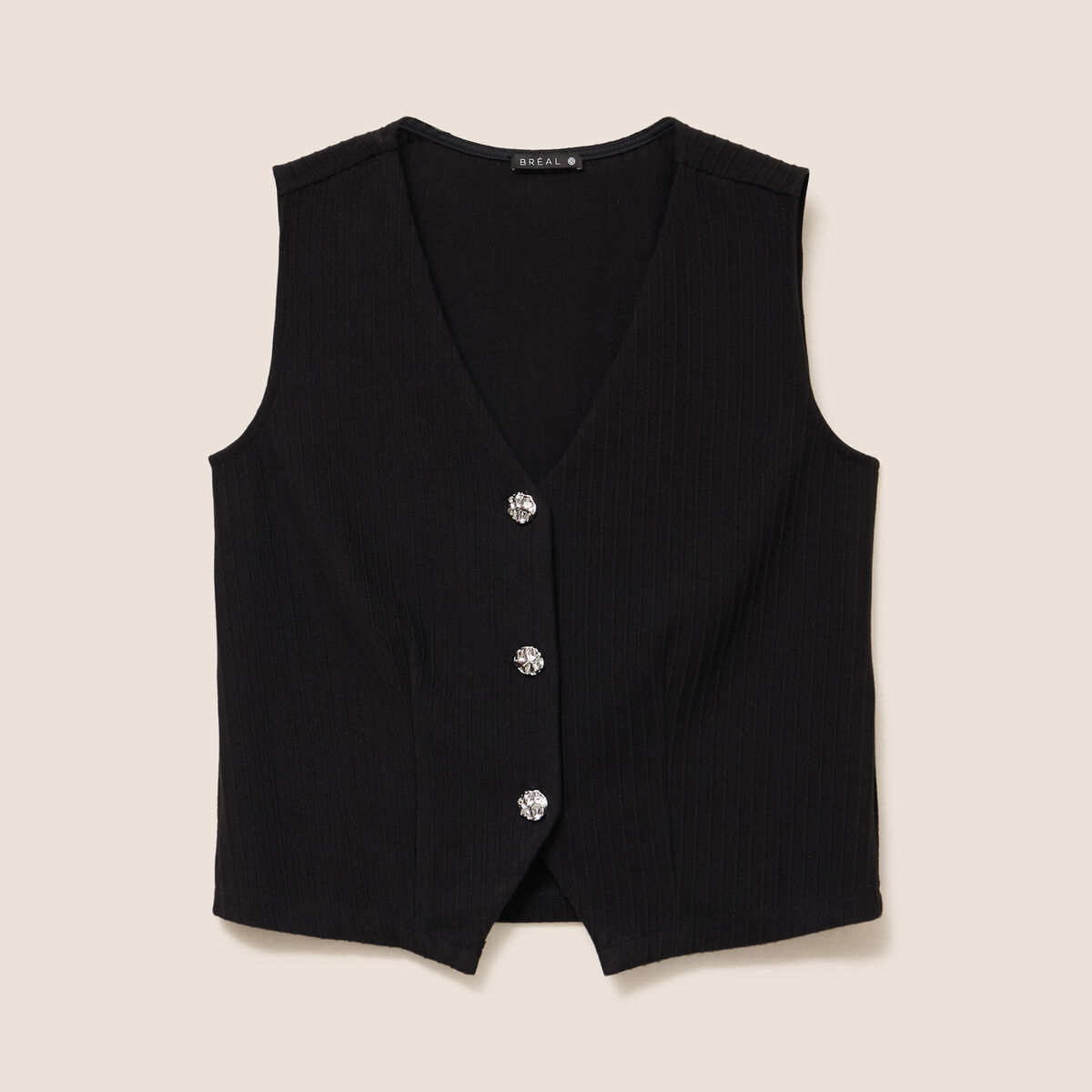 Gilet droit court sans manches col v noir femme
