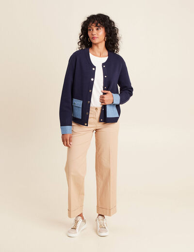 gilet droit court manches longues bleu marine femme