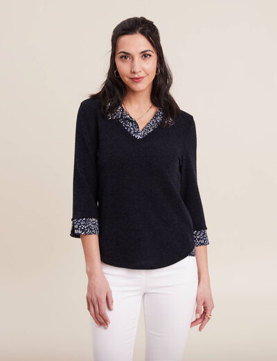 T-shirt manches 3/4 2-en-1 bleu marine femme