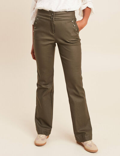 Pantalon bootcut enduit taille haute vert kaki femme